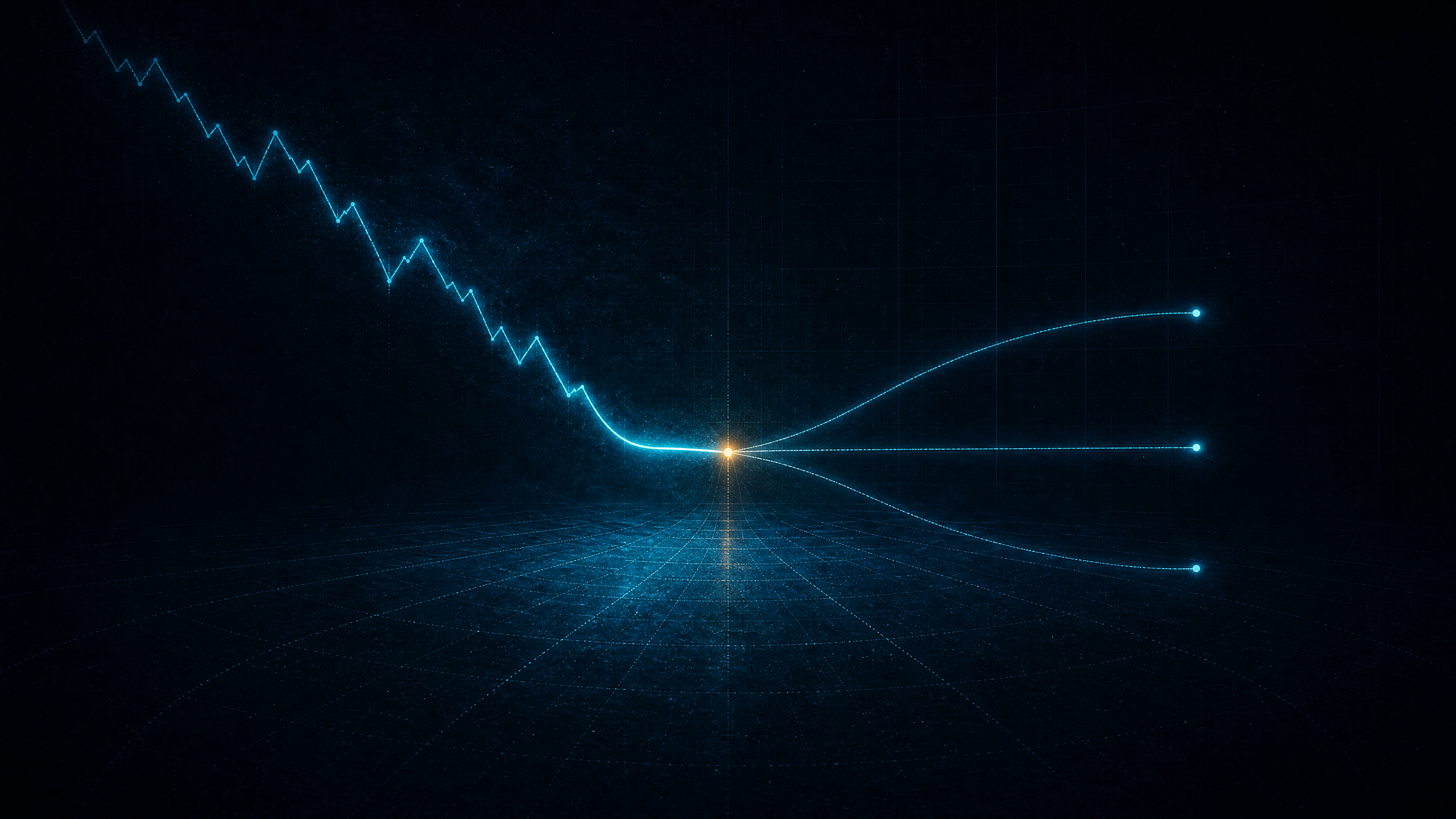 Abstract analytical decision point centred on a narrow blue price target with outer gold risk boundaries